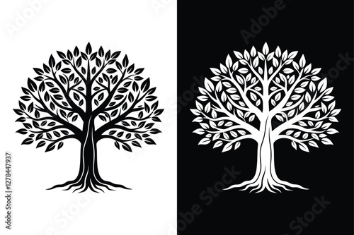Tree Silhouette Vector Icon Black And White Background.