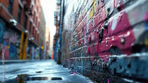 Fototapeta Naklejka Na Ścianę i Meble -  A small puddle of water on a city street, suitable for use in urban or cityscape designs