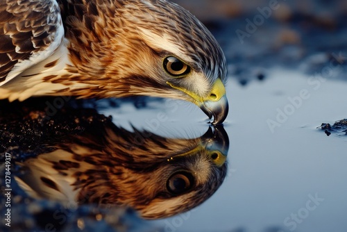 A close-up shot of a bird of prey drinking water from a natural source