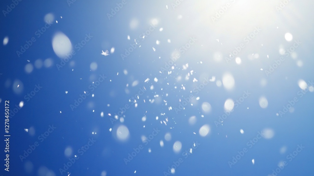 Bright blue sky with falling snow and bokeh effect. Bright blue sky with falling snow and bokeh effect.