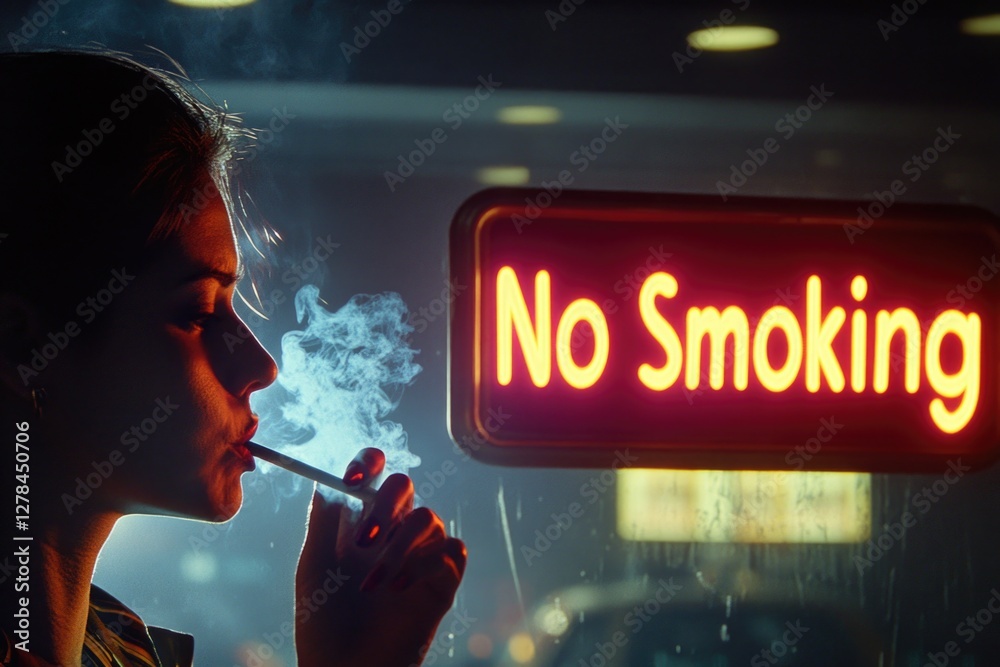 Fototapeta premium A person violating the no smoking rule, with a warning sign in the background