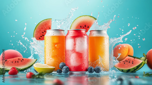 Sweet soda, cold fruit drinks posters. Fizzy watermelon, sea buckthorn and peach beverage in aluminium cans. Vector poster with cartoon illustration with lemonade in metal tin cans with white splash