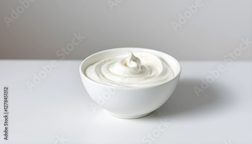 Swirl of sour cream in bowl isolated on white background with clipping path, fresh greek yogurt