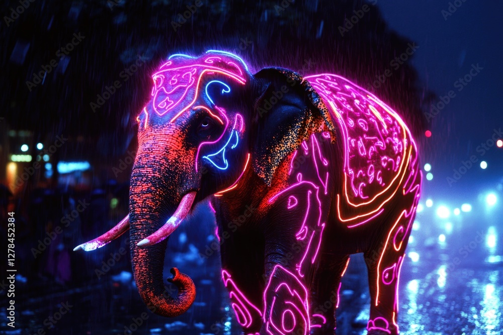 Obraz premium A majestic elephant illuminated by neon lights, great for festivals or parties