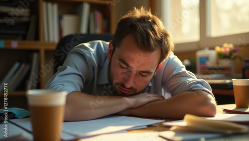 Exhausted Tired Burnt Out Worker Employee Man Sleeping at Office Working Desk, Procrastinating and Slacking at Job, Lazy Accountant
