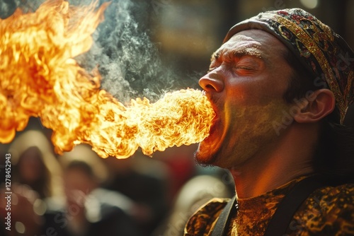 A person holds a flaming torch in their mouth