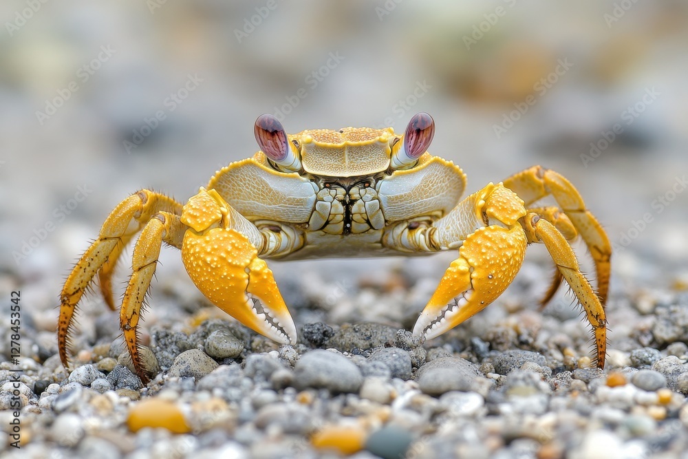 Close-Up of Yellow Crab on Sandy Shoreline with Delicate Texture Close-Up of Yellow Crab on Sandy Shoreline with Delicate Texture