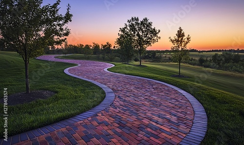 An old brick path winds through the Iowa countryside at dusk photo