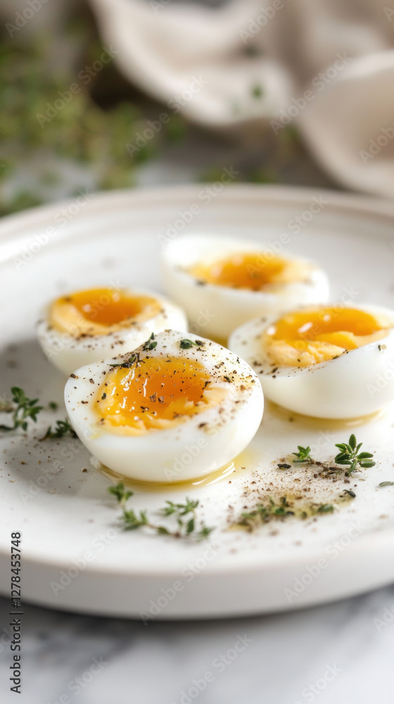 Foursoft-boiledeggsseasonedwiththymeandpepperonawhiteplate Foursoft-boiledeggsseasonedwiththymeandpepperonawhiteplate