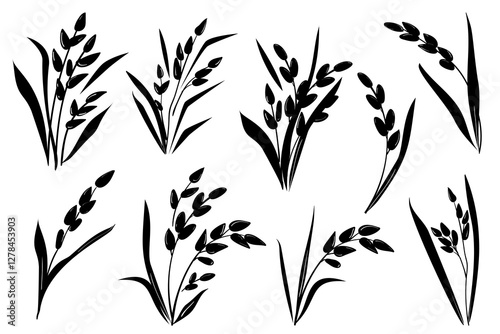 Rice ears grain silhouette, isolated on white background. Vector hand drawn sketch illustration. Package design elements