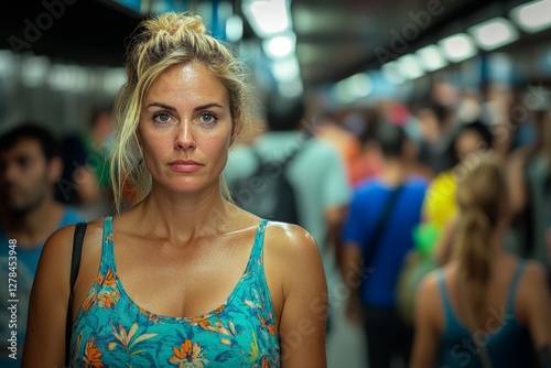 Woman in floral tank top stands out in busy subway station during rush hour Free Download Woman in floral tank top stands out in busy subway station during rush hour - GFXLoad