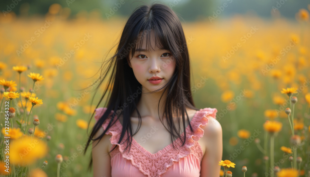 Young woman in pink dress stands in field of yellow flowers. Summer and nature, beauty, tranquility, and outdoor activities. Young woman in pink dress stands in field of yellow flowers. Summer and nature, beauty, tranquility, and outdoor activities.