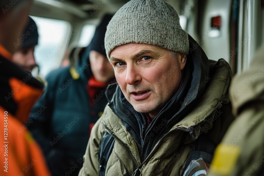 Fototapeta premium Experienced crew member engages with team during maritime expedition in cold weather