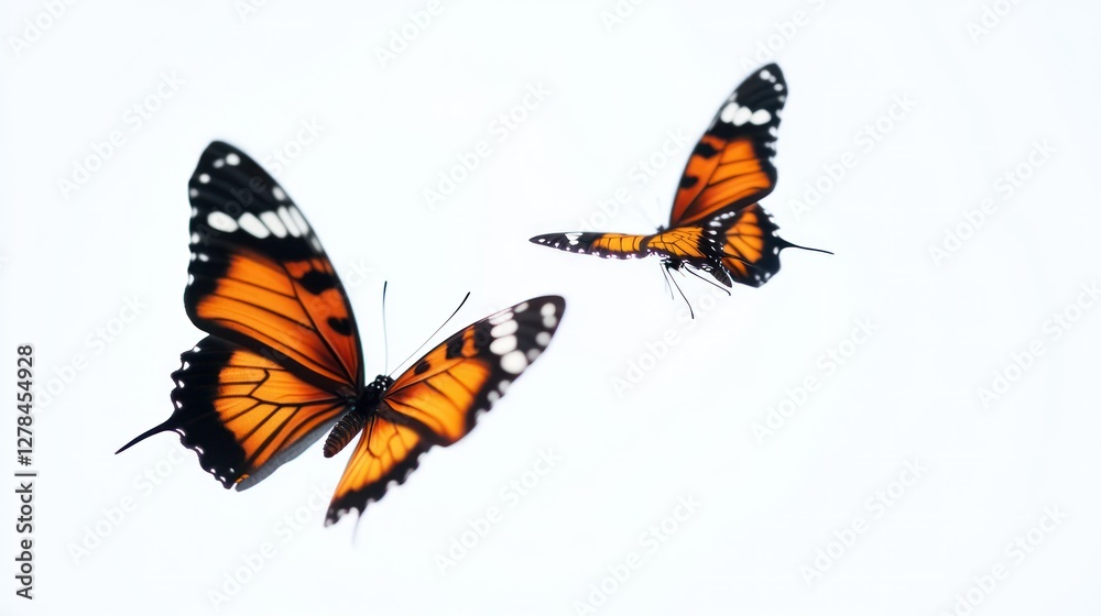 Obraz premium Two butterflies flying, white background
