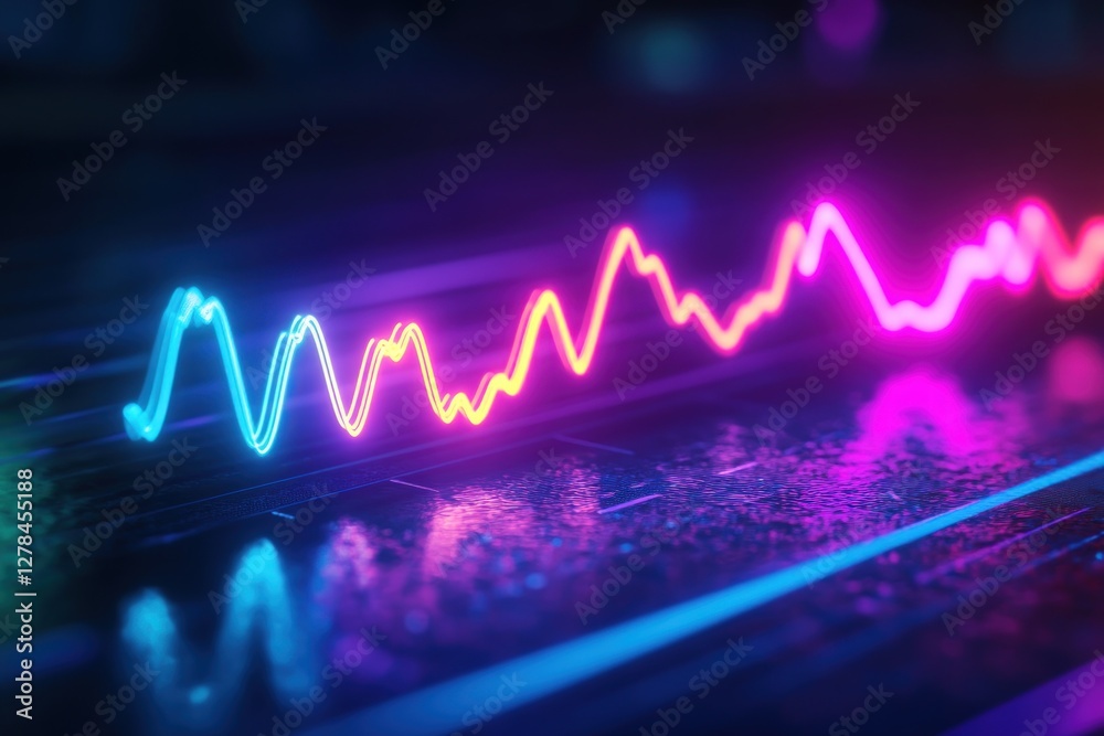 Obraz premium Neon data wave graph screen, digital future, glowing background, tech presentation