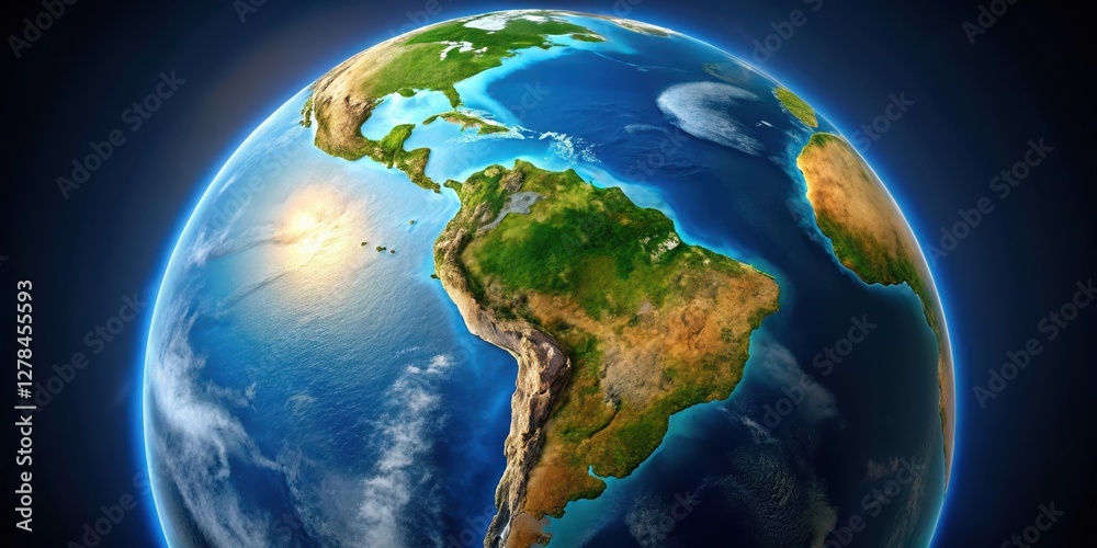 Fototapeta premium Photorealistic representation of the Earth's surface with a focus on the unique geography of South America, geography