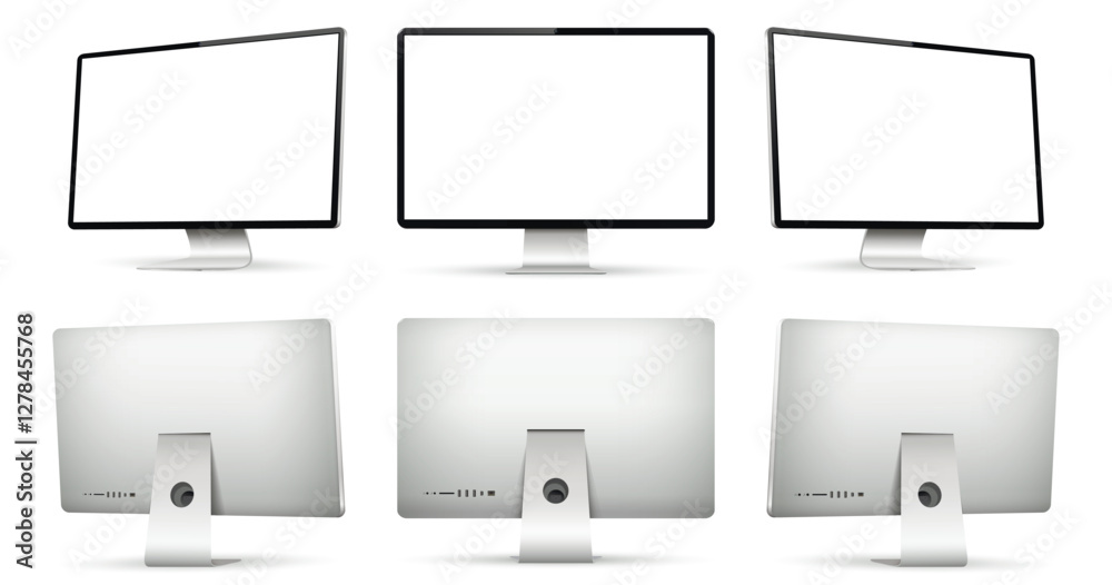 Realistic computer screen mockup. Computer display on three sides with blank screen. Front and back view of computer display.