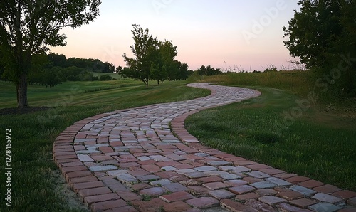 An old brick path winds through the Iowa countryside at dusk