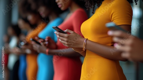 Group of People Holding Hands and Using Mobile Phones for Remote Business Collaboration, Office Desk Background, Simple Style, Cool Color Scheme, High Saturation, Macro Lens Focus, Close-Up of Hands, 