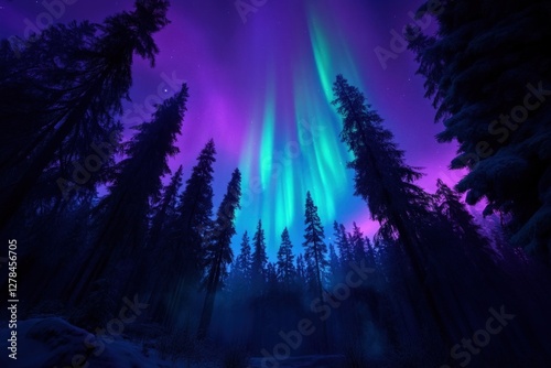 Wallpaper Mural Northern Lights dance above snowy forest at night, scenic winter landscape, ideal for travel posters Torontodigital.ca