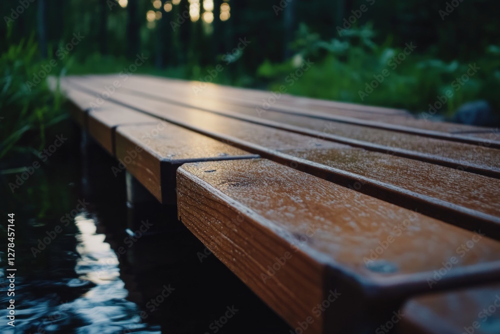 Fototapeta premium Wooden bridge, forest stream, sunset, nature walk, tranquility