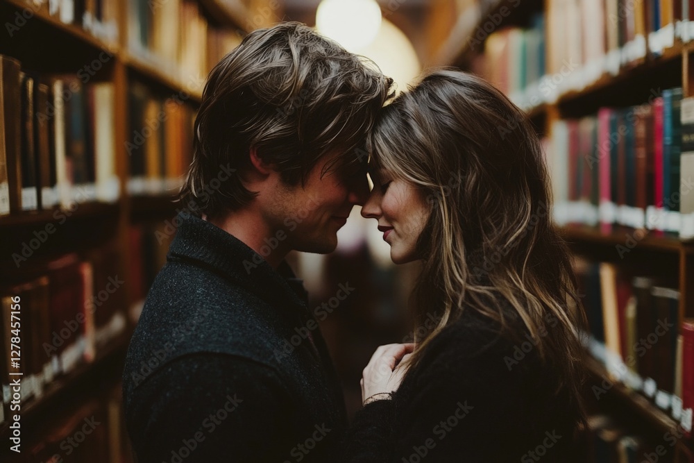Romantic moment between a couple in a library, surrounded by books in a cozy atmosphere during the evening Romantic moment between a couple in a library, surrounded by books in a cozy atmosphere during the evening