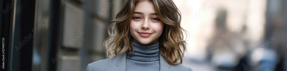 A woman wearing a turtle neck sweater looks directly at the camera A woman wearing a turtle neck sweater looks directly at the camera