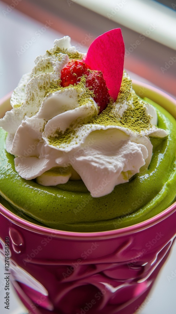 Matcha Dessert with Whipped Cream, Strawberries, and Rose Petals: A Culinary Masterpiece Matcha Dessert with Whipped Cream, Strawberries, and Rose Petals: A Culinary Masterpiece