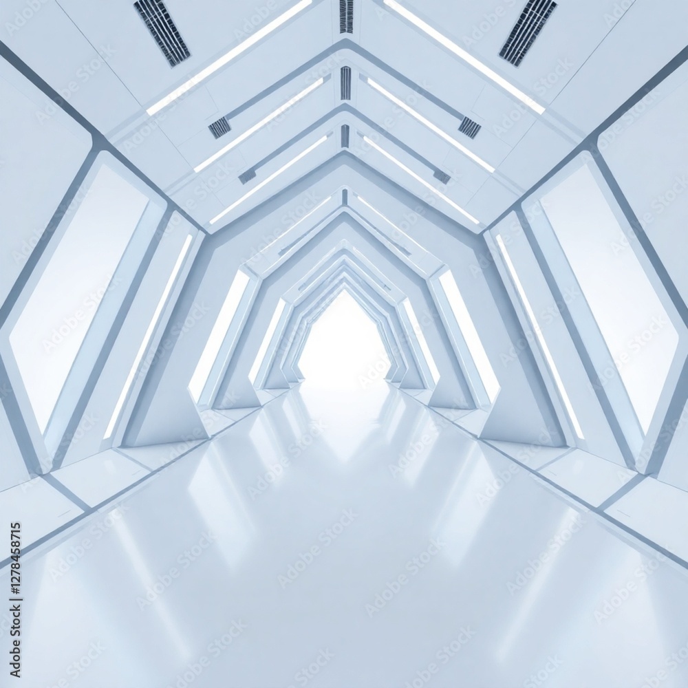 High-resolution 3D rendered stock photo Empty, long, light-filled corridor. Modern, white background. Futuristic sci-fi triangle tunnel design. High-resolution 3D rendered stock photo Empty, long, light-filled corridor. Modern, white background. Futuristic sci-fi triangle tunnel design.
