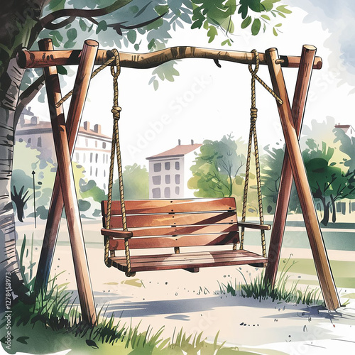 A watercolor cartoon of a wooden swing hanging from a branch