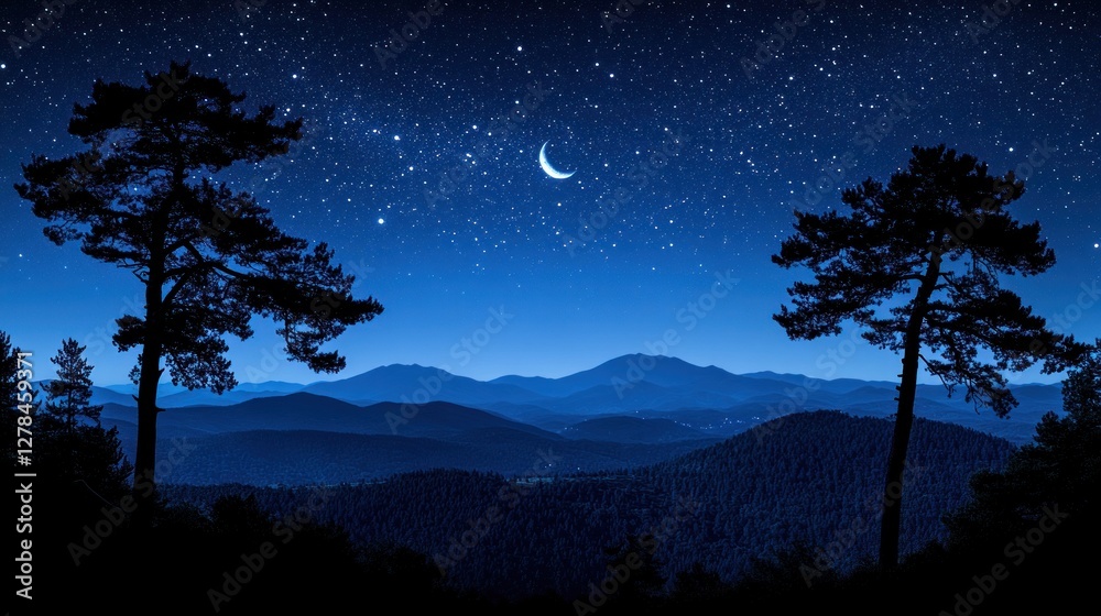 Fototapeta premium Night sky, crescent moon, mountain silhouettes, pine trees, landscape