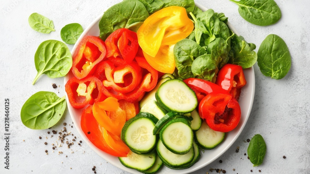 A beautifully arranged plate of colorful vegetables like red peppers, zucchini, and spinach, packed with essential nutrients. A beautifully arranged plate of colorful vegetables like red peppers, zucchini, and spinach, packed with essential nutrients.