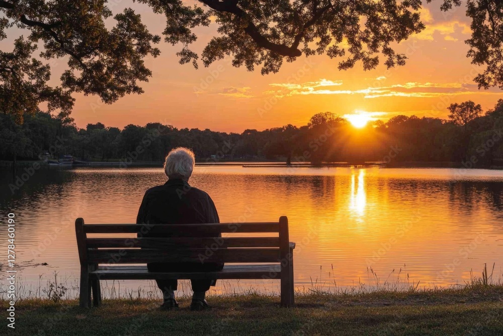 Sunset reflection by the lake with an older man enjoying the serene beauty of the evening in a park setting Sunset reflection by the lake with an older man enjoying the serene beauty of the evening in a park setting