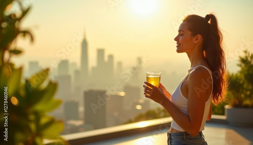 A woman enjoys a golden drink on a rooftop, city skyline in the background, bathed in a warm sunset glow, relaxation and urban vibes.