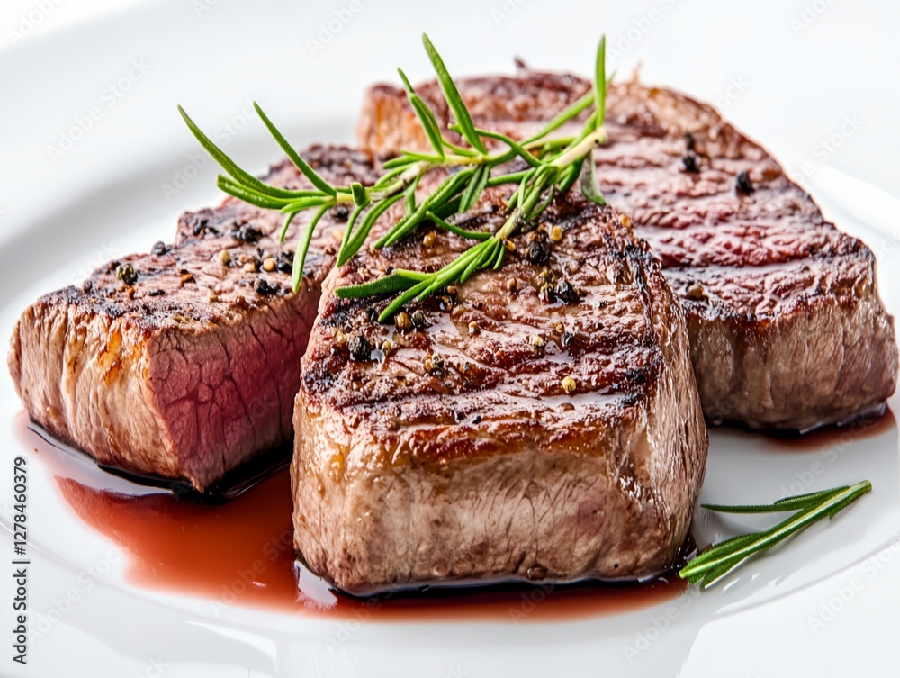 Three pieces of steak with rosemary on top of a white plate Three pieces of steak with rosemary on top of a white plate