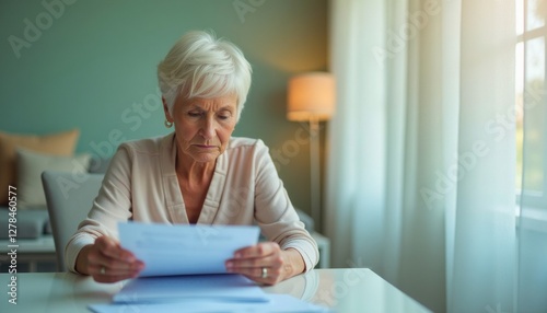 Concerned senior woman reviewing documents at her desk, focusing on paperwork and financial matters with a worried expression.