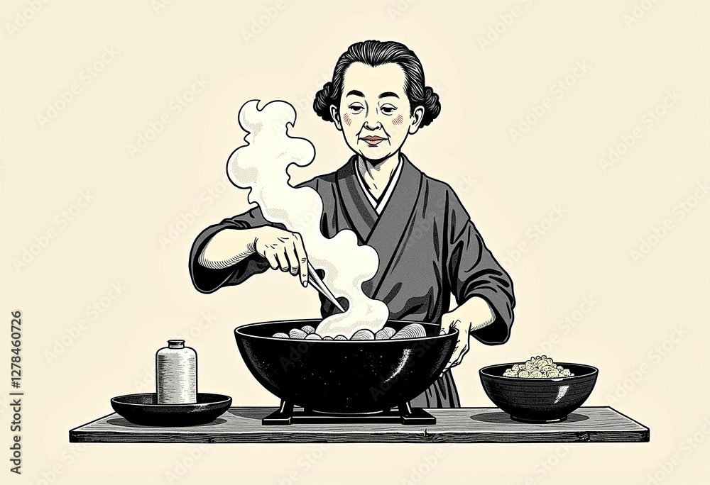 シンプルなすき焼きレシピのイラスト：木版画の美学と太い輪郭線を使って白黒で料理をする日本の祖母の正面図。

