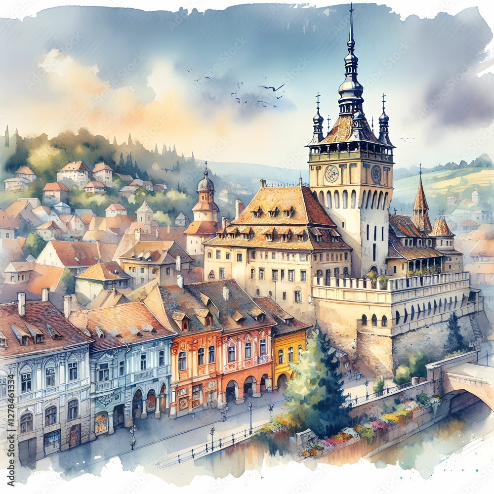 Fototapeta premium Sighișoara in Watercolor – A Charming Transylvanian Citadel with Colorful Architecture and Historic Landmarks