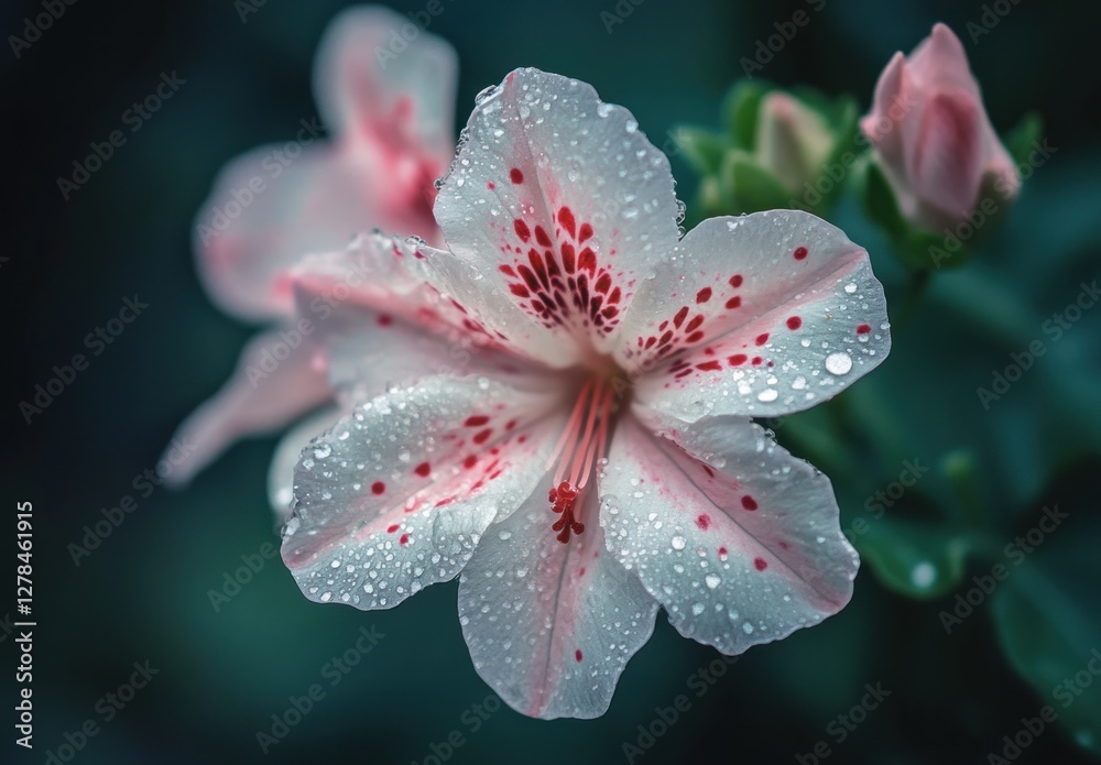 Fototapeta premium Close-up of a white flower with red spots and water droplets.