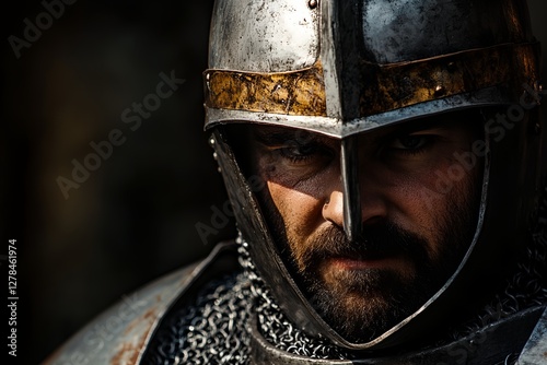 Man wearing a helmet and a chain mail shirt photo