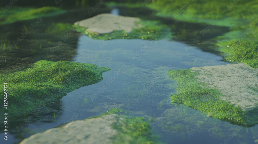 Natural landscape with dark olive green moss on wet stones in serene water setting Natural landscape with dark olive green moss on wet stones in serene water setting