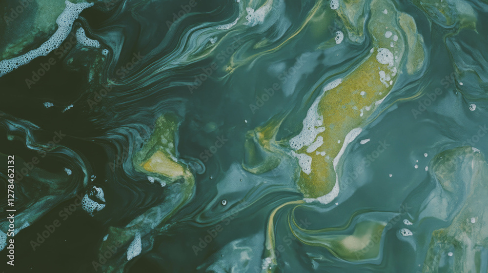 Mystical swirls of dark olive green and moss textures on water surface Mystical swirls of dark olive green and moss textures on water surface