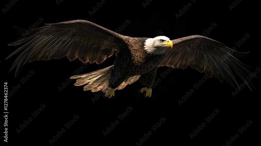 Naklejka premium Bald eagle soaring, dark background, wildlife (1)