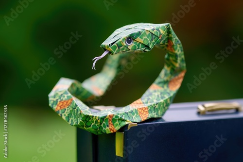 A snake rests on top of a blue suitcase, adding an unexpected twist to the usual luggage