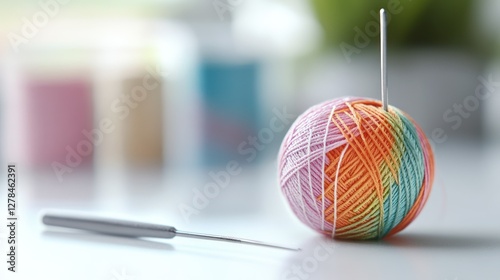 Colorful yarn ball, hook, crafting