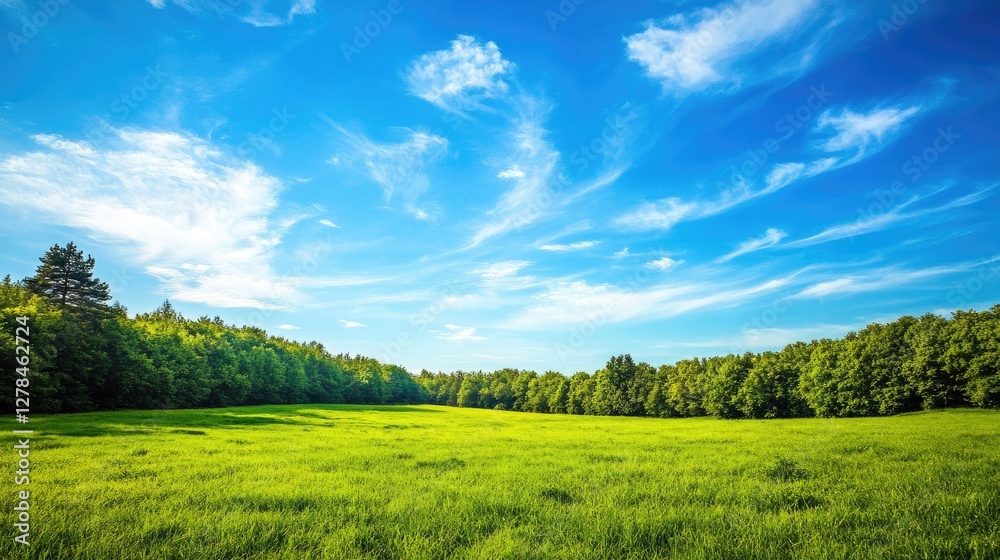 Obraz premium A clear sky over a vast grassland with scattered trees, showcasing the importance of conserving open land and protecting wildlife habitats.