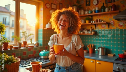 Wallpaper Mural Joyful woman enjoying morning coffee in colorful kitchen filled with sunlight. Warm and inviting home atmosphere, casual lifestyle. Torontodigital.ca