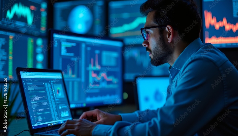 Analyst monitors financial data on multiple screens, working late into the night, possibly coding to manage stock market trends. Analyst monitors financial data on multiple screens, working late into the night, possibly coding to manage stock market trends.