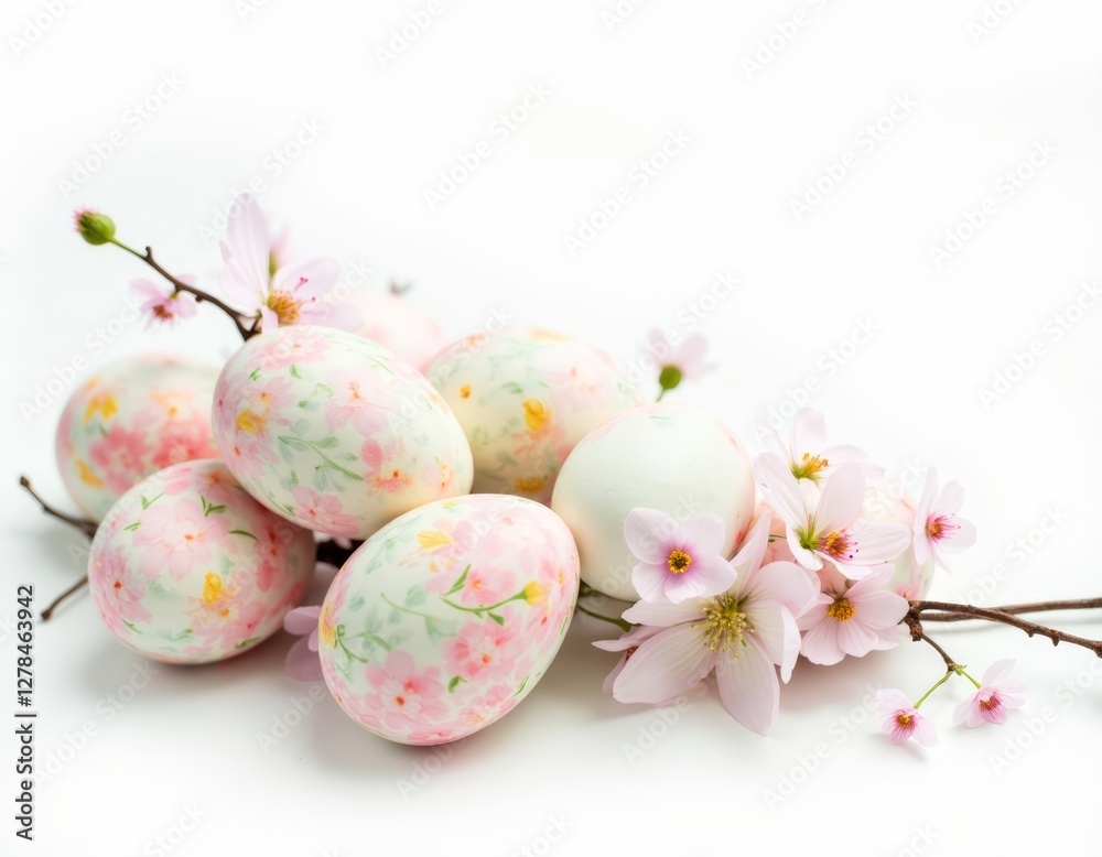 Fototapeta premium easter eggs with floral patterns on a branch surrounded by flowers white background