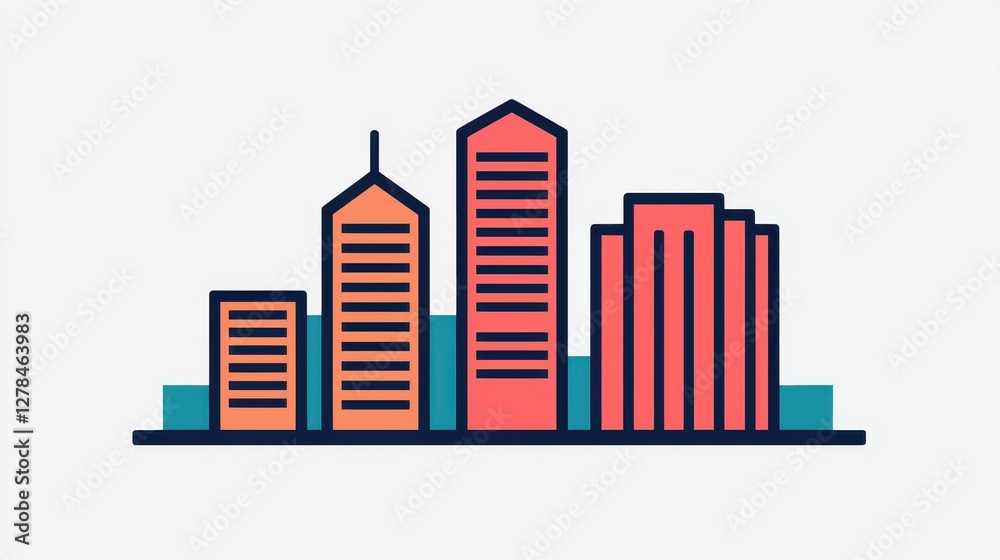 Obraz premium A colorful illustration of a modern city skyline featuring various building shapes and heights, embodying urban architecture and design.